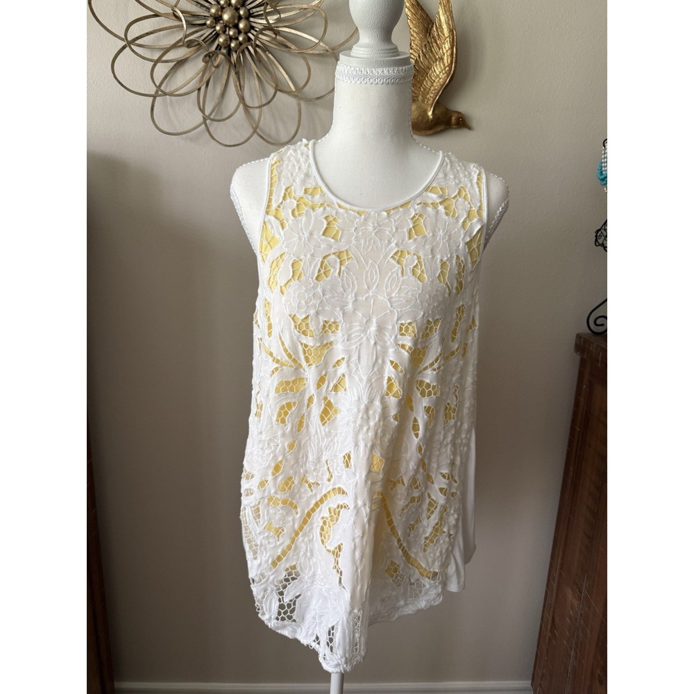 Anthropologie Lace Tank Top‎ White Yellow Crochet Large Sleeveless Tunic Womens